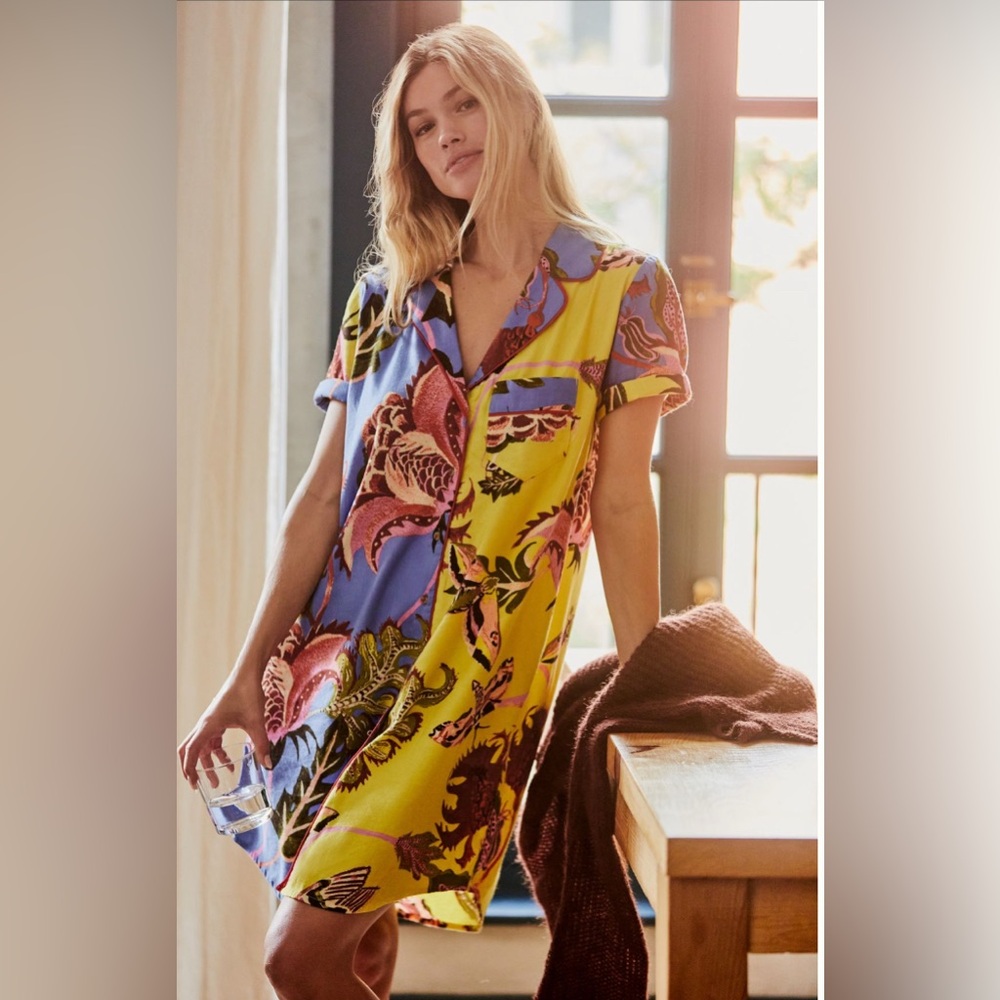 Anthropologie Vibrant Pink and Blue Sleep Dress